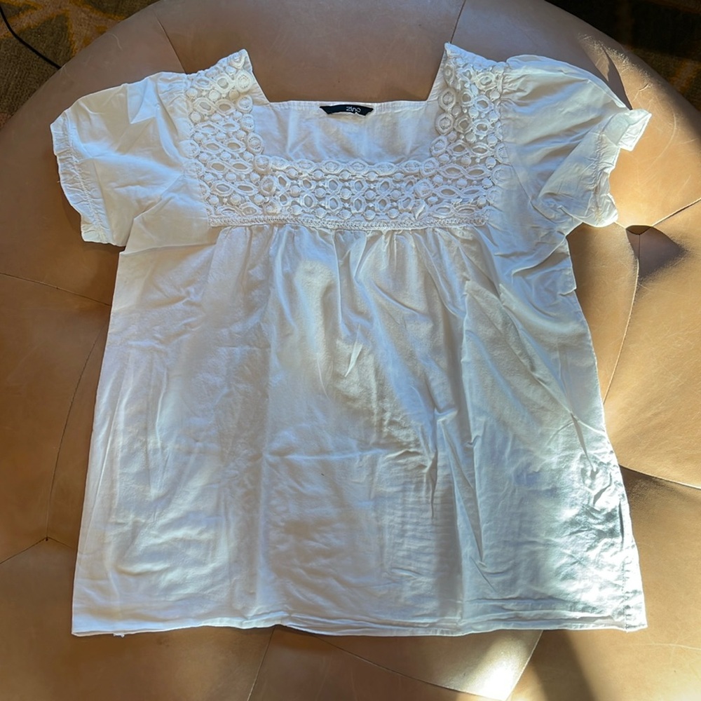 White Square Neck Blouse With Crochet Detail - M
